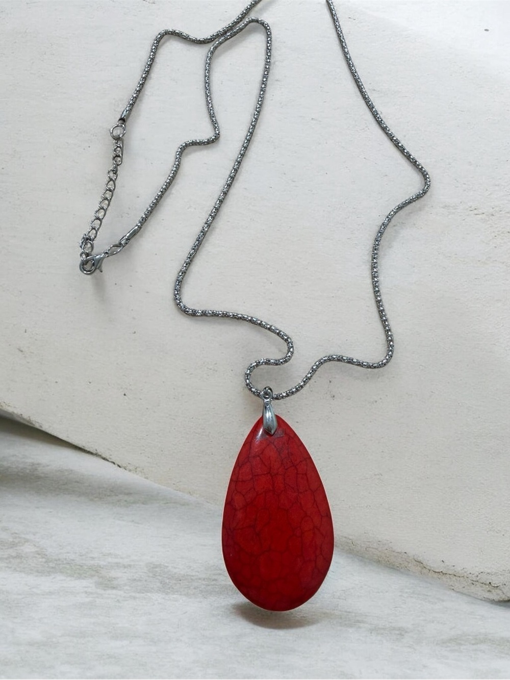 Women's Red Teardrop Pendant Necklace with Silver Chain